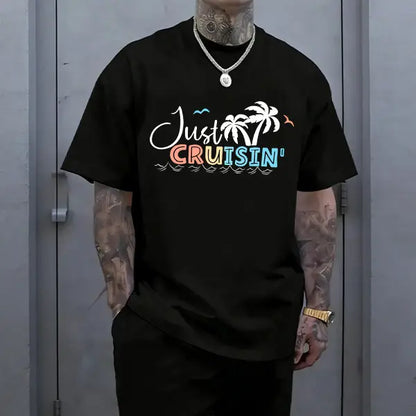 Men’s “Just Cruisin’” summer graphic T-shirt with palm tree print, made from a soft cotton blend—perfect for beach trips, casual outings, summer vacations, and everyday street style.