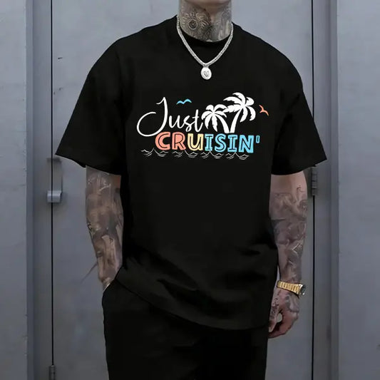 Men’s “Just Cruisin’” summer graphic T-shirt with palm tree print, made from a soft cotton blend—perfect for beach trips, casual outings, summer vacations, and everyday street style.