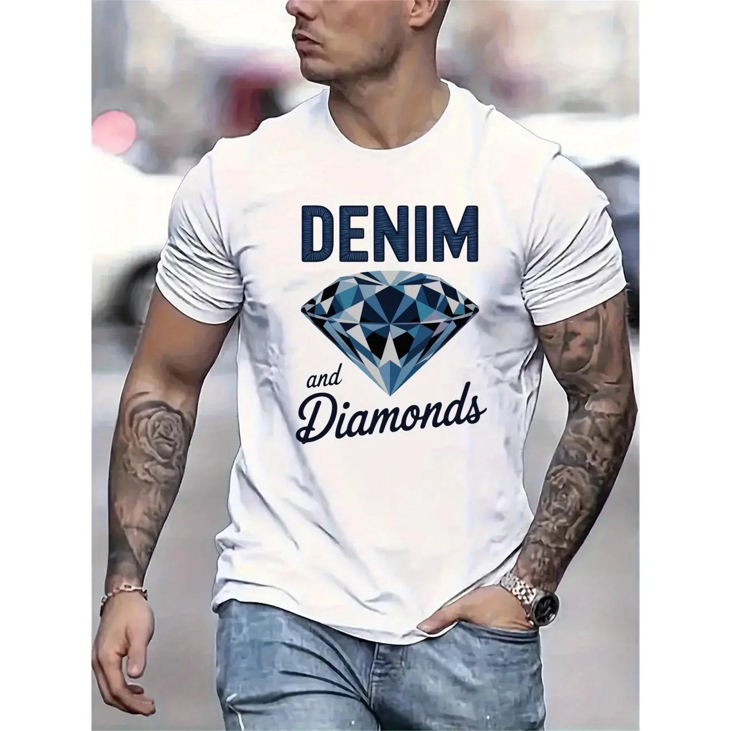 Men'S Denim and Diamonds Graphic T-Shirt - Stylish Diamond Print Tee for Men