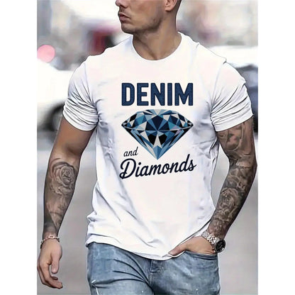 Men'S Denim and Diamonds Graphic T-Shirt - Stylish Diamond Print Tee for Men