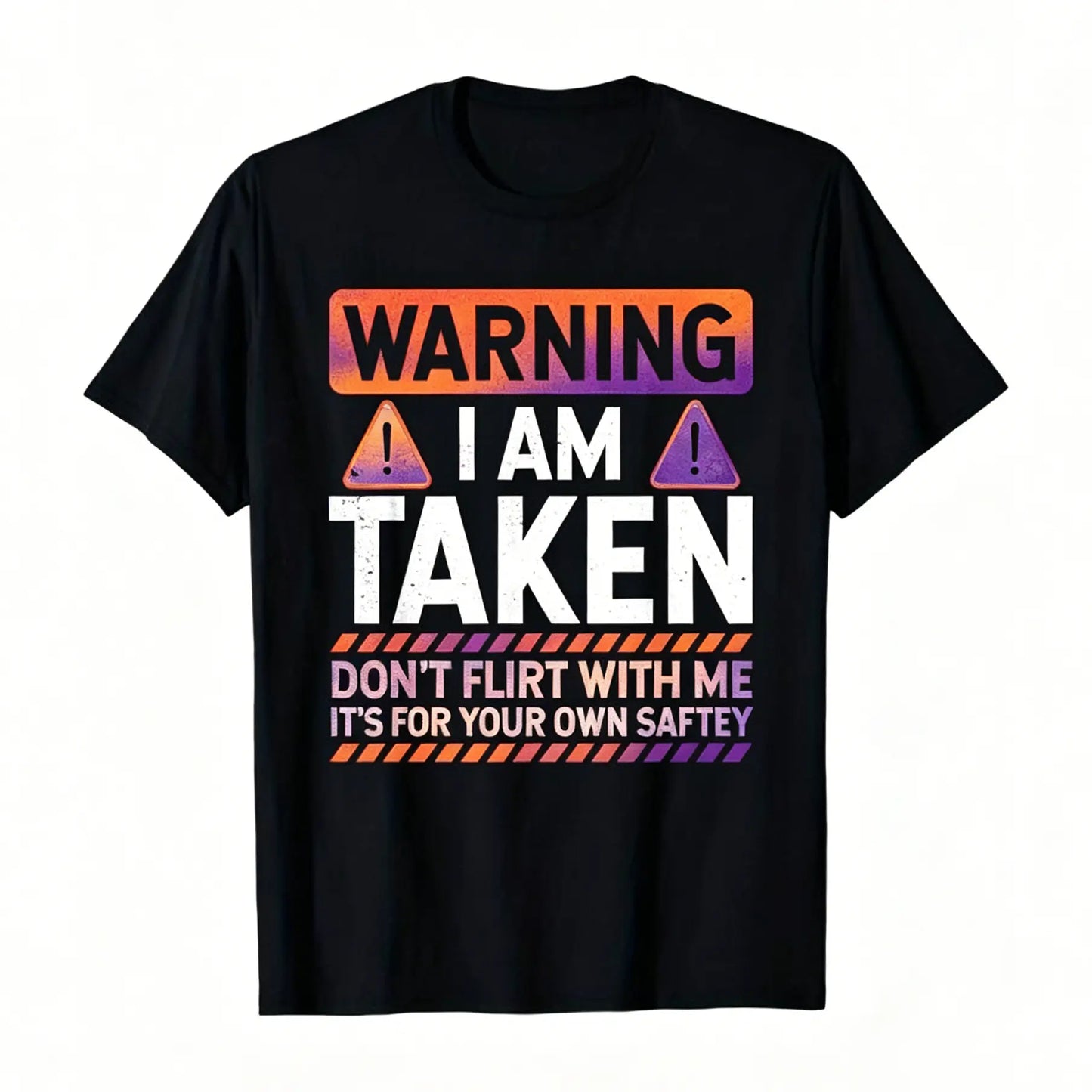 Men's Short-Sleeve Round Neck Funny Taken Husband Warning T-Shirt - Menswear - Don't Flirt with Me Graphic - Black with Red/White Caution Signs - Married Status Apparel - Regular Fit Casual - Machine Washable All-Season Top Tshirt