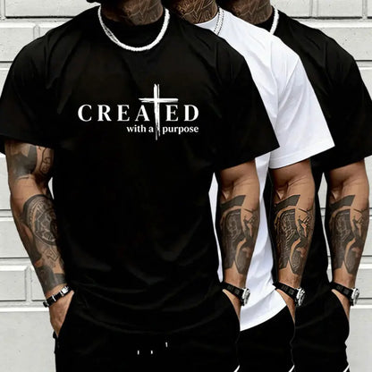 Men’s “Created with a Purpose” Christian graphic T-shirt, cross faith quote print tee, casual crew neck, perfect for church outfits, faith wear, and streetwear.,summerwins,father'sdaygifts