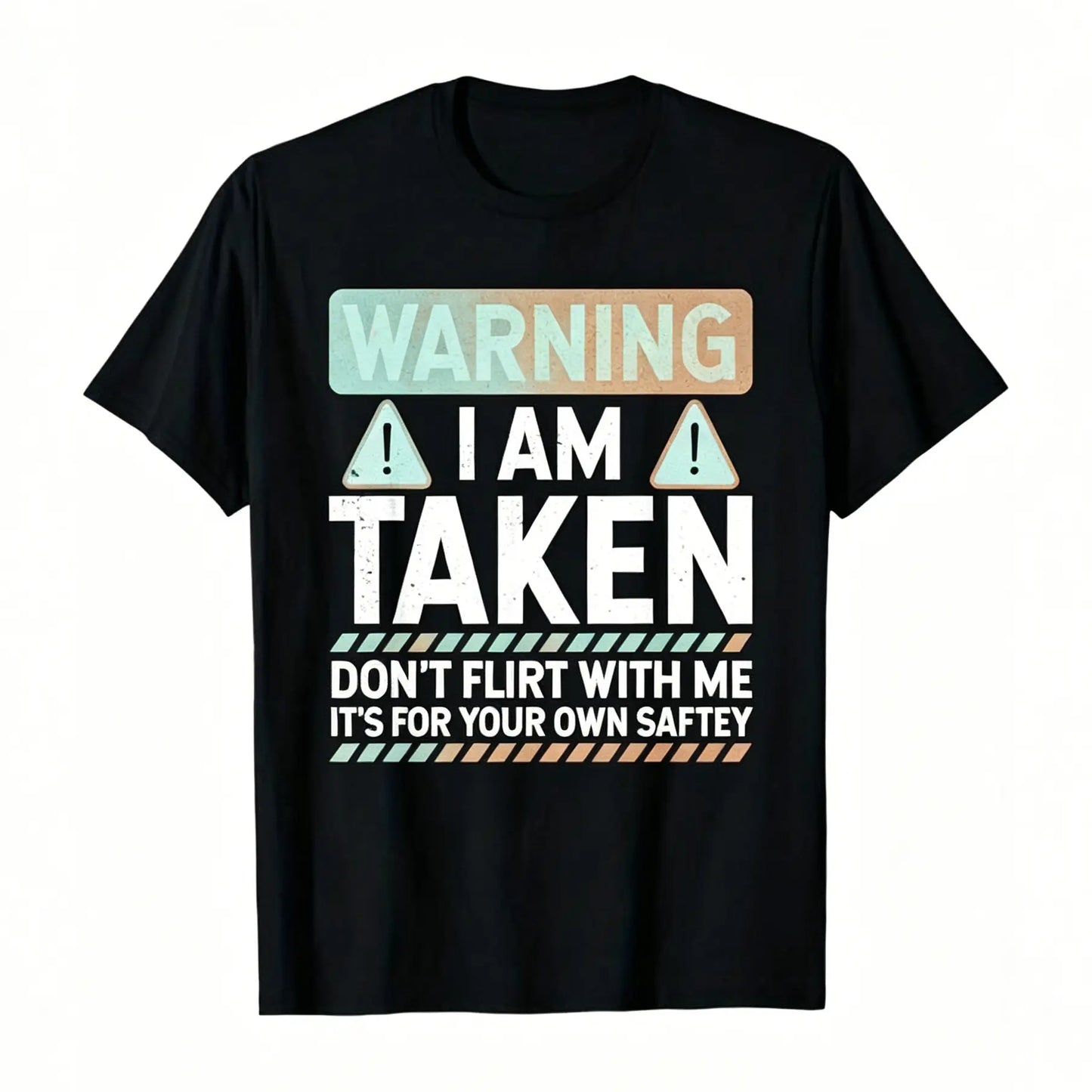 Men's Short-Sleeve Round Neck Funny Taken Husband Warning T-Shirt - Menswear - Don't Flirt with Me Graphic - Black with Red/White Caution Signs - Married Status Apparel - Regular Fit Casual - Machine Washable All-Season Top Tshirt