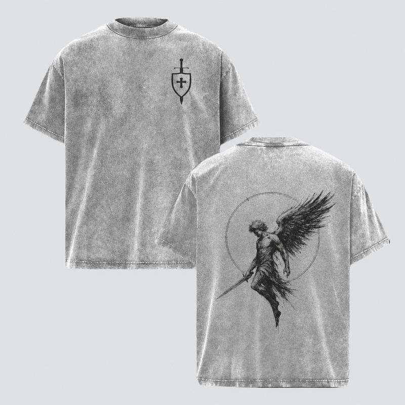 Men's Acid Washed Grunge Cotton Top - Crew Neck Graphic Tee with Sanctus Michael Archangel Print, Flaming Sword, Shield, Scales of Justice - Christian Religious Apparel for Halloween, New Year