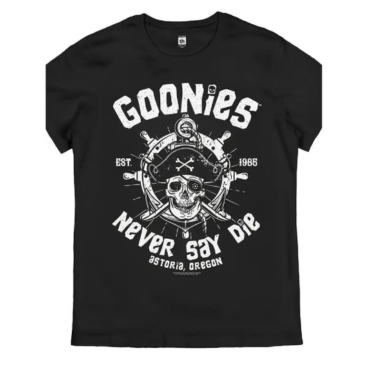 Men's Goonies Never Say Die Retro T-Shirt Officially Inspired 80s Movie Logo Iconic Skull Crossbones Pirate Design