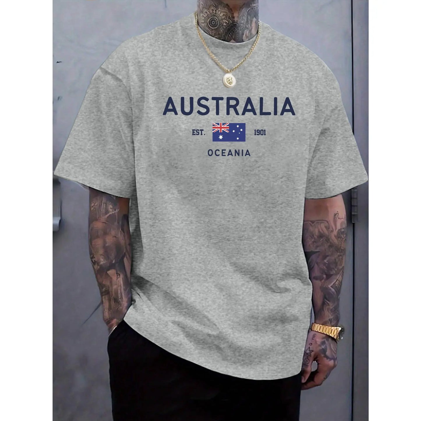 Men's Australia Graphic T-Shirt with Flag & Map Print - White Casual Short Sleeve Round Neck Tee Featuring "EST. 1901 Australia Oceania" Lettering - Breathable All-Season Comfort for Everyday & Australian-Themed Events