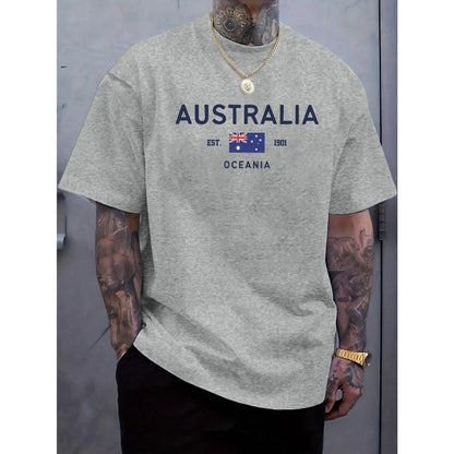 Men's Australia Graphic T-Shirt with Flag & Map Print - White Casual Short Sleeve Round Neck Tee Featuring "EST. 1901 Australia Oceania" Lettering - Breathable All-Season Comfort for Everyday & Australian-Themed Events