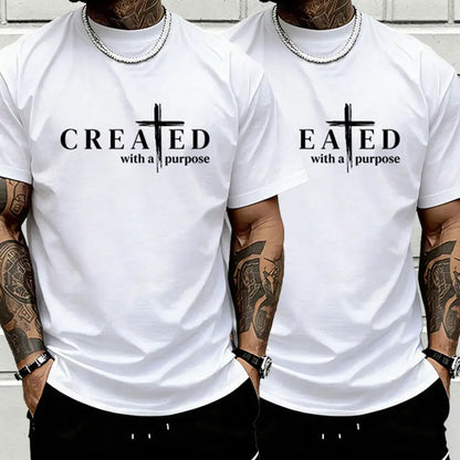 Men’s “Created with a Purpose” Christian graphic T-shirt, cross faith quote print tee, casual crew neck, perfect for church outfits, faith wear, and streetwear.,summerwins,father'sdaygifts