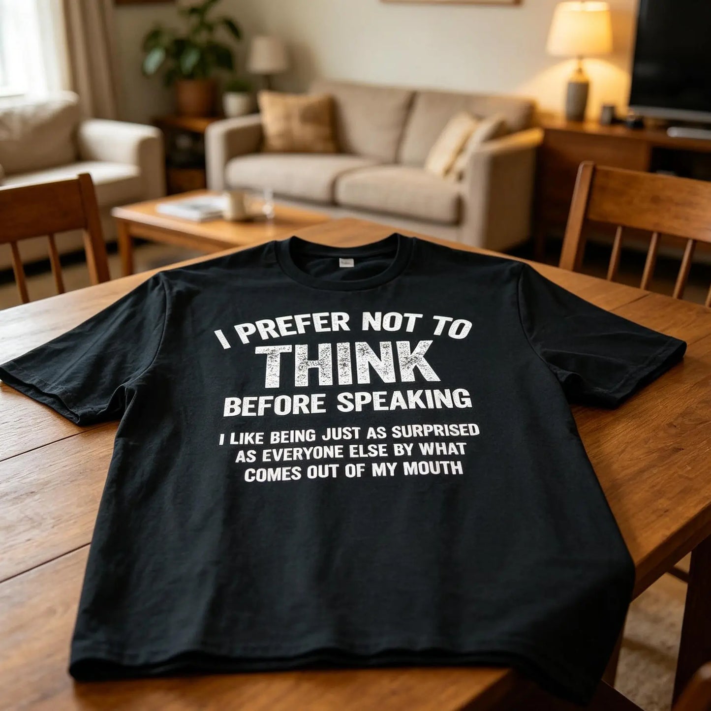 Men's Funny "I Prefer Not To Think Before Speaking" Slogan T-Shirt, Made in USA Casual Tshirt