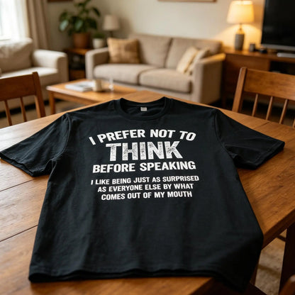Men's Funny "I Prefer Not To Think Before Speaking" Slogan T-Shirt, Made in USA Casual Tshirt