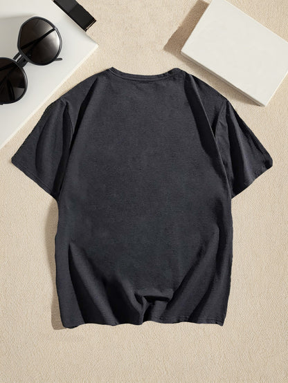 Men's Plus Size Summer Casual T-Shirt with Humorous Black Cat Graphic Print, Polyester Crew Neck Tee with Slight Stretch, Regular Fit Knit Fabric Top for Adult, Trendy Casual Wear