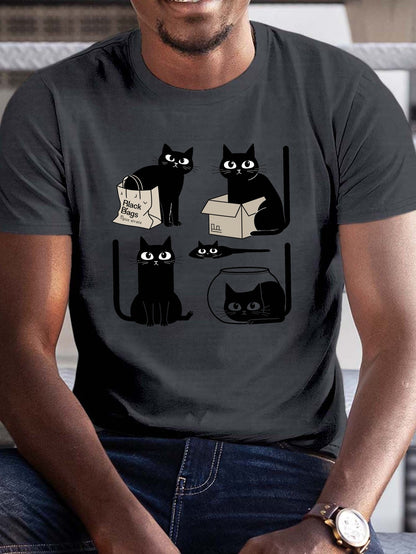 Men's Plus Size Summer Casual T-Shirt with Humorous Black Cat Graphic Print, Polyester Crew Neck Tee with Slight Stretch, Regular Fit Knit Fabric Top for Adult, Trendy Casual Wear