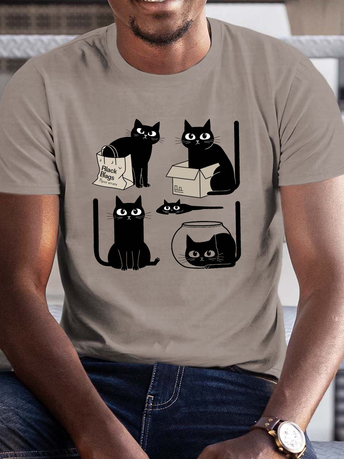 Men's Plus Size Summer Casual T-Shirt with Humorous Black Cat Graphic Print, Polyester Crew Neck Tee with Slight Stretch, Regular Fit Knit Fabric Top for Adult, Trendy Casual Wear
