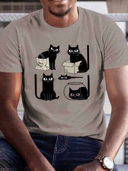 Men's Plus Size Summer Casual T-Shirt with Humorous Black Cat Graphic Print, Polyester Crew Neck Tee with Slight Stretch, Regular Fit Knit Fabric Top for Adult, Trendy Casual Wear