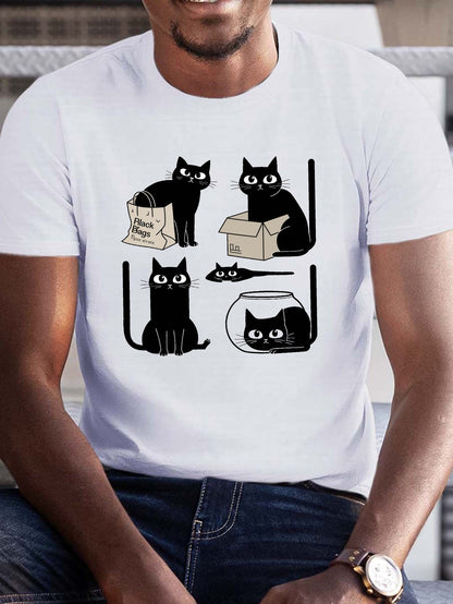 Men's Plus Size Summer Casual T-Shirt with Humorous Black Cat Graphic Print, Polyester Crew Neck Tee with Slight Stretch, Regular Fit Knit Fabric Top for Adult, Trendy Casual Wear