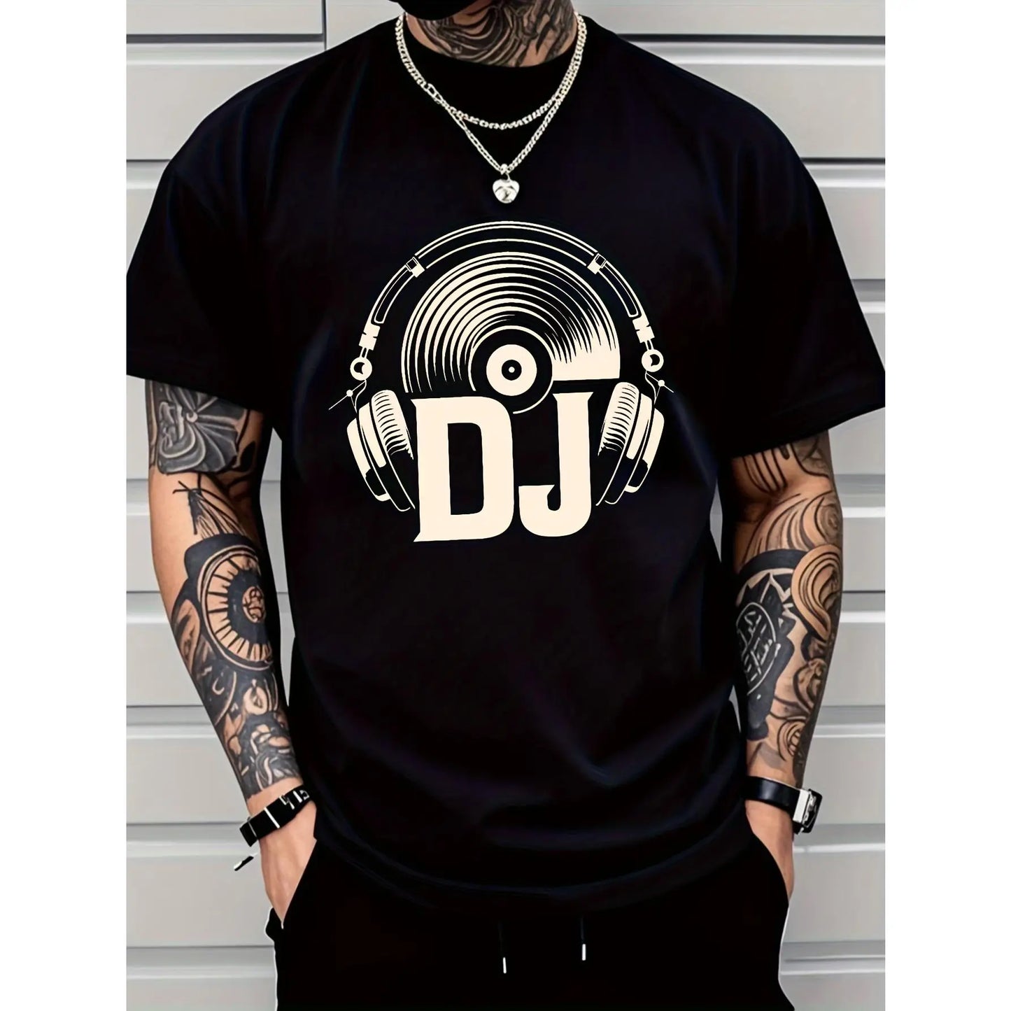 Men's DJ Graphic T-Shirt with Turntable & Headphone Print - 100%25 Stretchy Comfort Fit, DJ Lettering & Music Notes Design, Casual & Music Production Apparel for DJs, Machine Washable All-Season Wear (Black/White) - Ideal for Parties, Clubs, Casual Attire