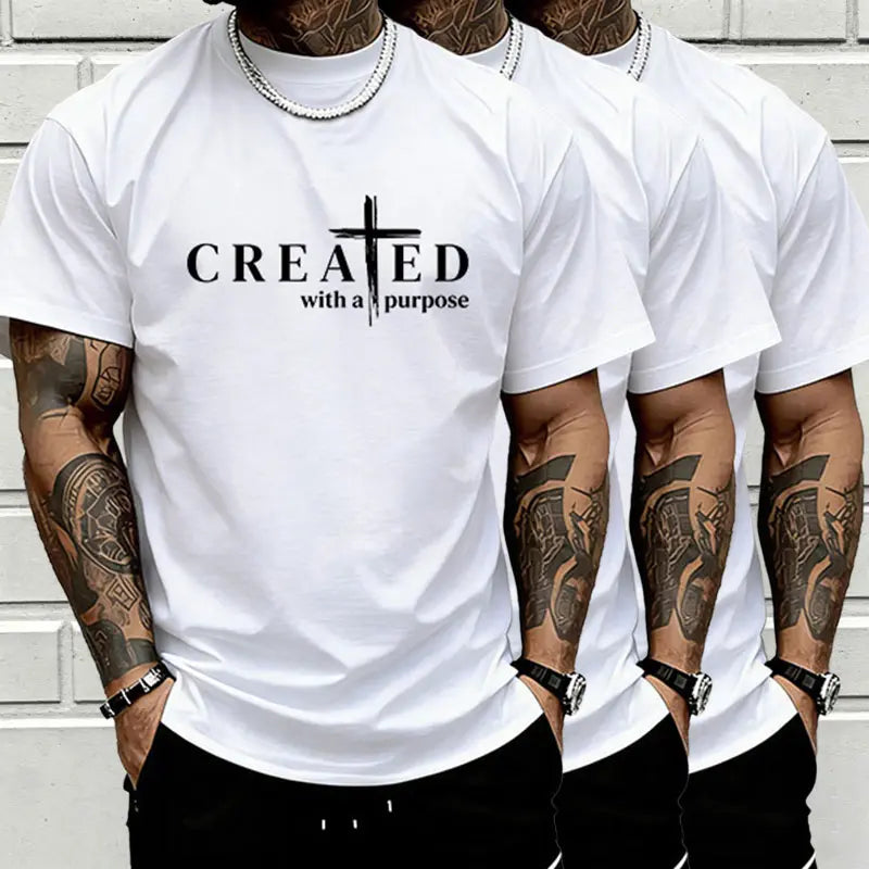 Men’s “Created with a Purpose” Christian graphic T-shirt, cross faith quote print tee, casual crew neck, perfect for church outfits, faith wear, and streetwear.,summerwins,father'sdaygifts