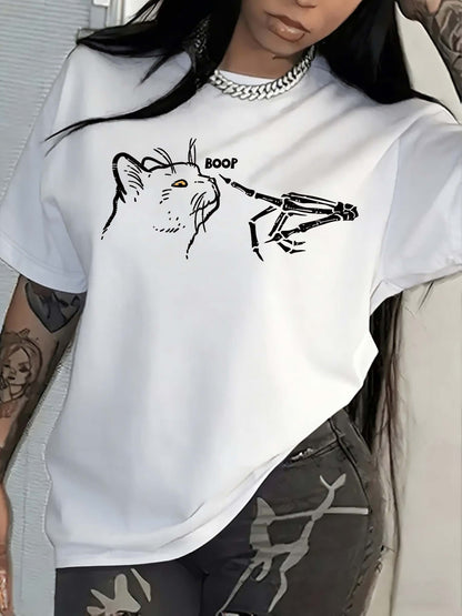 T-Shirt with a Cat And Skeleton Hand Design, Short-Sleeved Casual Round Neck Top, Spring And Summer Women'S Clothing