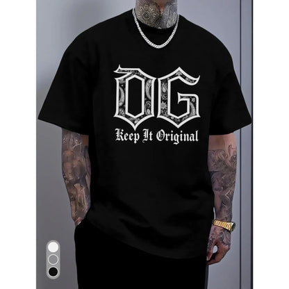 Men's & Women's White Gothic Lettering OG Slogan T-Shirt - Bold Streetwear Crew Neck Tee with Keep It Original Print, Casual Casual Attire, Spring/Summer Outdoor & Urban Style, Machine Washable Regular Fit for Men and Women - Statement Graphic Top for Hik