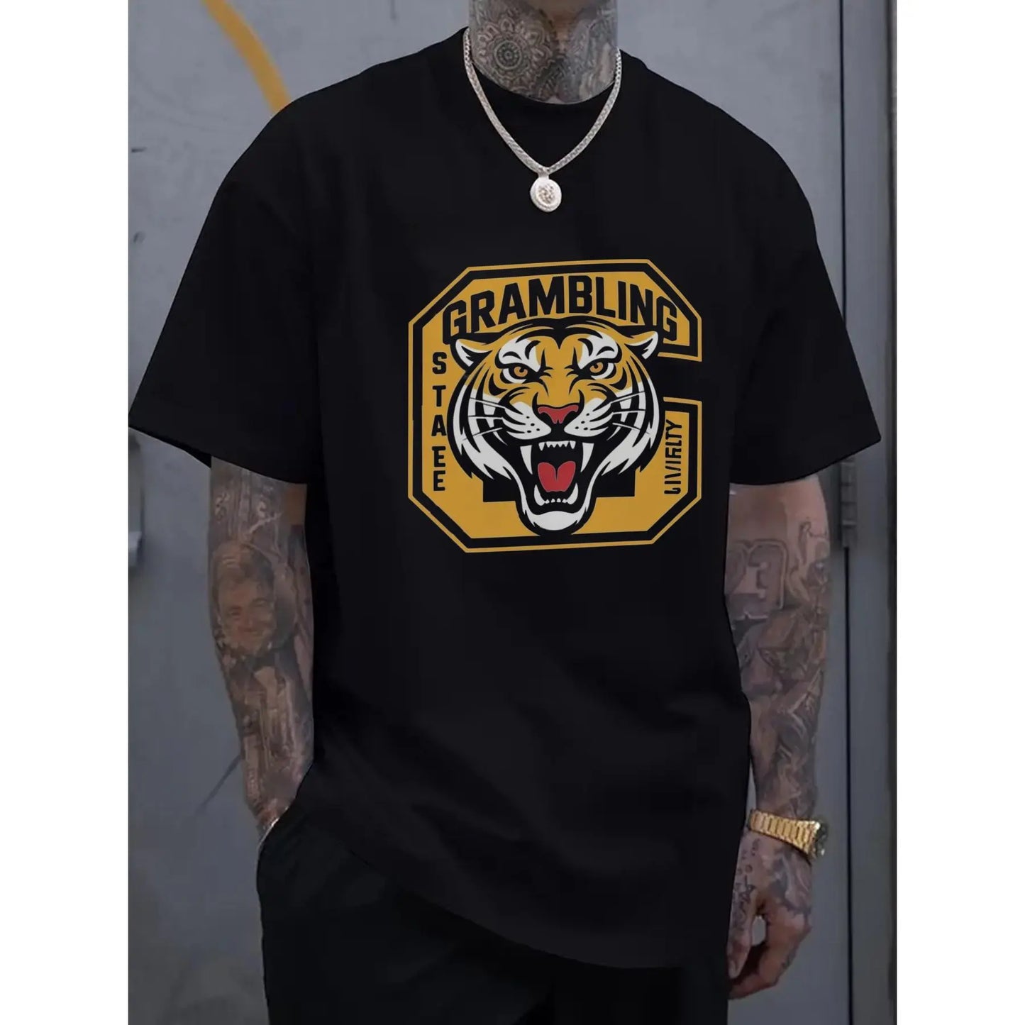 Grambling State Tigers Logo Men's Casual Short Sleeve T-Shirt - White with Orange & Yellow Geometric Tiger Graphic, Lightweight Summer Tee, Regular Fit Round Neck, Machine Washable