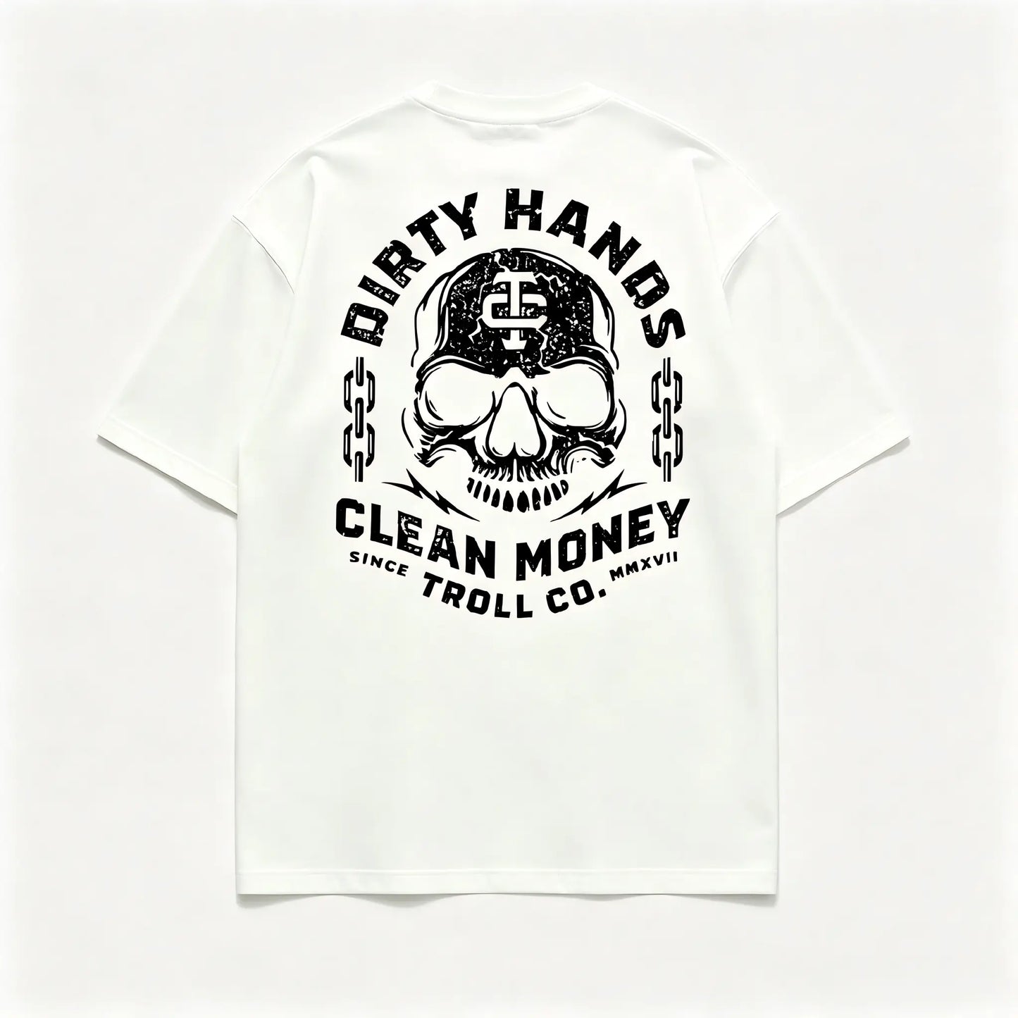 Men's Graphic T-Shirt, Soft Round Neck with 2-Sided 'Dirty Hand Clean Money' Golden Skull Print for Casual Workwear or a Blue Collar Gift, Tshirt Black