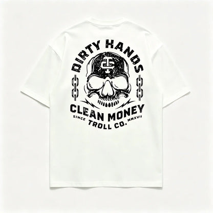 Men's Graphic T-Shirt, Soft Round Neck with 2-Sided 'Dirty Hand Clean Money' Golden Skull Print for Casual Workwear or a Blue Collar Gift, Tshirt Black