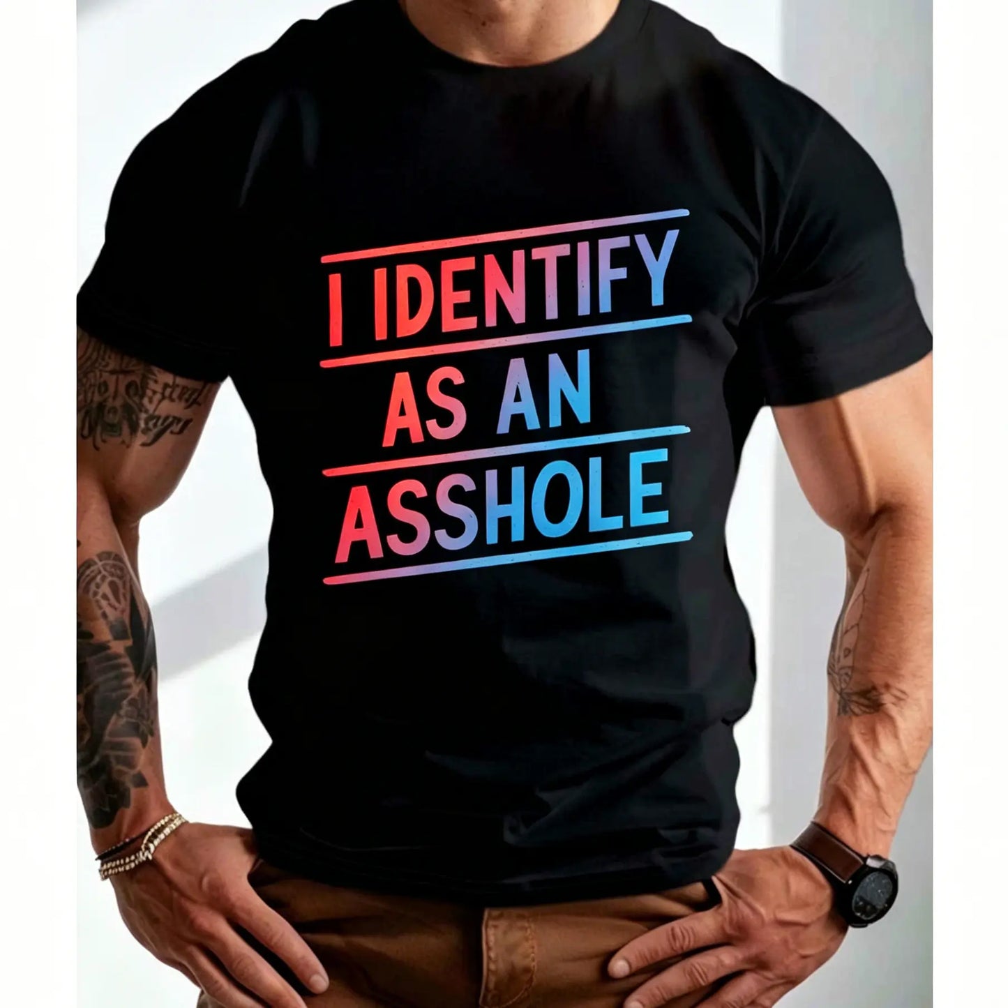 Men's Plus Size "I Identify As An" Graphic Shirt - Bold Statement Mensfashion Casual T-Shirts, Relaxed Fit Short Sleeve, Glossy Polyester Blend, Machine Washable, All-Season Comfort for Casual Attire & Gym Workouts Gym Apparel