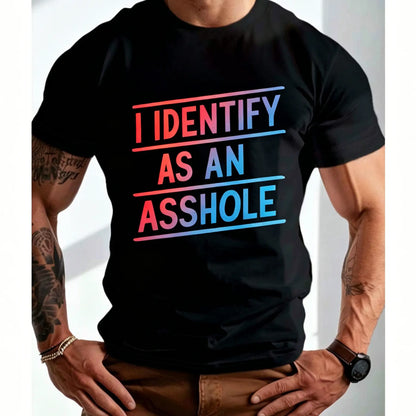 Men's Plus Size "I Identify As An" Graphic Shirt - Bold Statement Mensfashion Casual T-Shirts, Relaxed Fit Short Sleeve, Glossy Polyester Blend, Machine Washable, All-Season Comfort for Casual Attire & Gym Workouts Gym Apparel