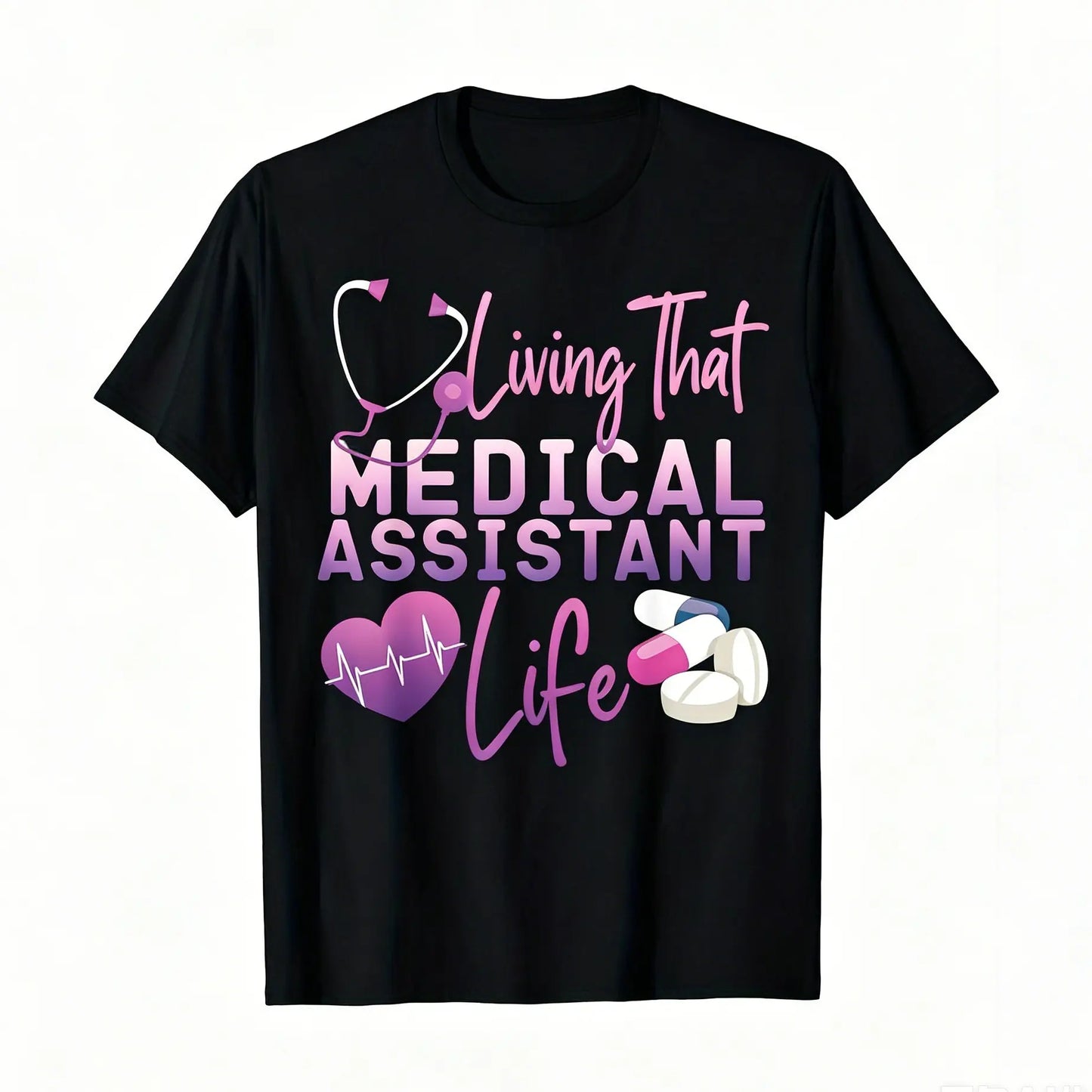 Unisex Oversized Basic Comfy Short Sleeve Medical Assistant CMA Print T-Shirt - Black, Regular Fit, Stethoscope & Heart Graphic, Machine Washable Casual Top Gift for Healthcare Professionals Crewneck Menswear