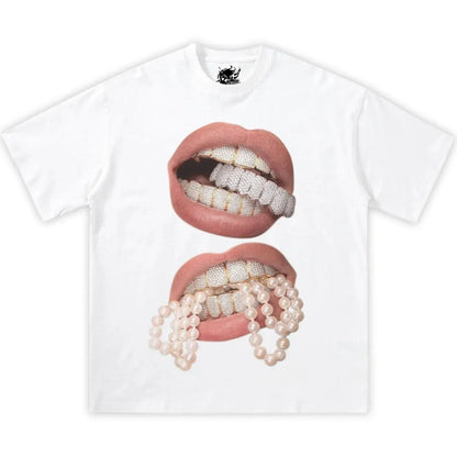 #TikTokShopRestock  Plus Size Double Blue Lips Grillz Boxy Cotton Tee Shirt Boxy Shirt Opium, y2k, fashion, streetwear, unisex, men, women, cotton, crew neck, y2k