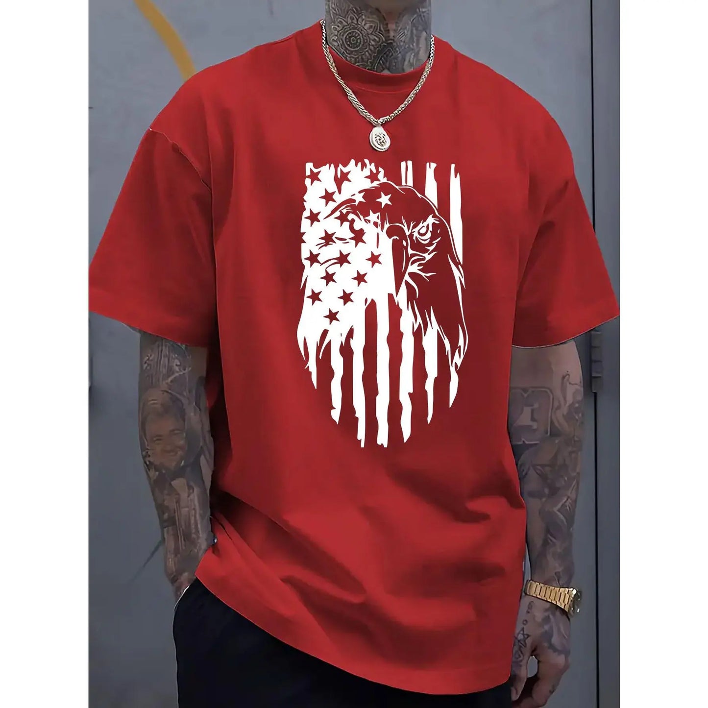 Men's American Flag Eagle Print T-Shirt, 100%25 Cotton Crew Neck Short Sleeve Tee, Casual All-Season Knit Fabric Top, Breathable Comfort Fit for Sports & Leisure, Leisure Clothing | Patriotic Apparel | Stretchable Material