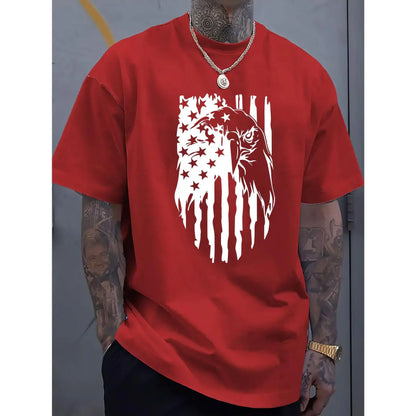 Men's American Flag Eagle Print T-Shirt, 100%25 Cotton Crew Neck Short Sleeve Tee, Casual All-Season Knit Fabric Top, Breathable Comfort Fit for Sports & Leisure, Leisure Clothing | Patriotic Apparel | Stretchable Material