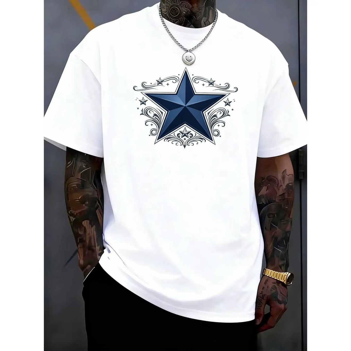 Dark Star Simplicity, Highly Adaptable for Workout Sessions, Designed with a Patterned Round-Neck T-Shirt for Men