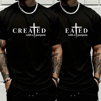 Men’s “Created with a Purpose” Christian graphic T-shirt, cross faith quote print tee, casual crew neck, perfect for church outfits, faith wear, and streetwear.,summerwins,father'sdaygifts
