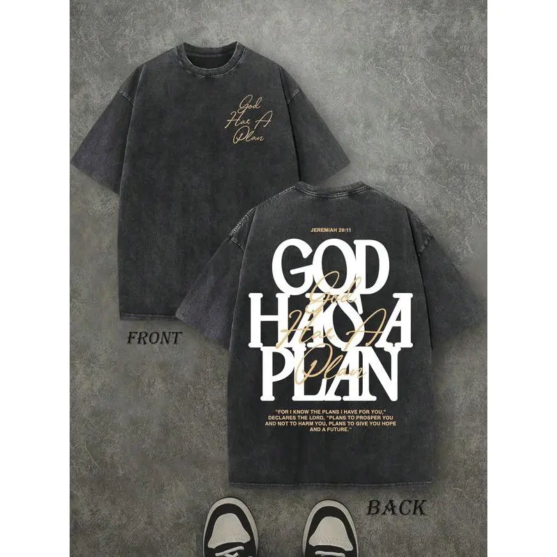 Retro Washed Double Sided Printed T-Shirt, 'GOD HAS A PLAN' Letter Graphic Tee, 230g Pure Cotton, Slightly Cropped, Crewneck, Distressed Streetwear, Men's Casual Comfortable Fashion Tops Smooth Fabric Seamless Soft Tshirt graphic tee t shirt
