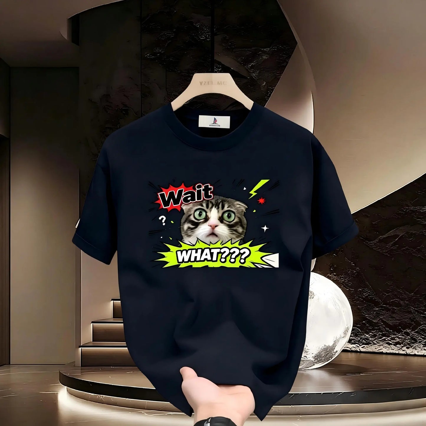Men's Short-Sleeve Soft Sport T-Shirt - Wait What Shocked Tabby Cat Meme Graphic Apparel, Casual Streetwear Cotton Clothes For Men