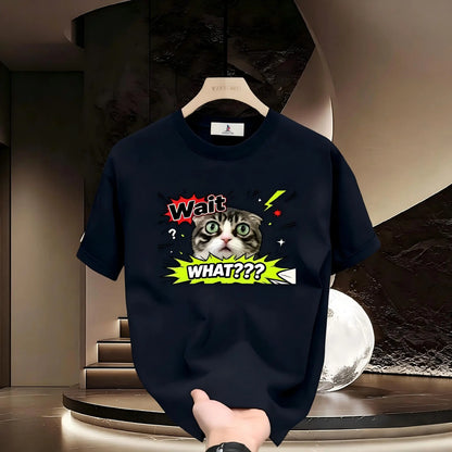 Men's Short-Sleeve Soft Sport T-Shirt - Wait What Shocked Tabby Cat Meme Graphic Apparel, Casual Streetwear Cotton Clothes For Men
