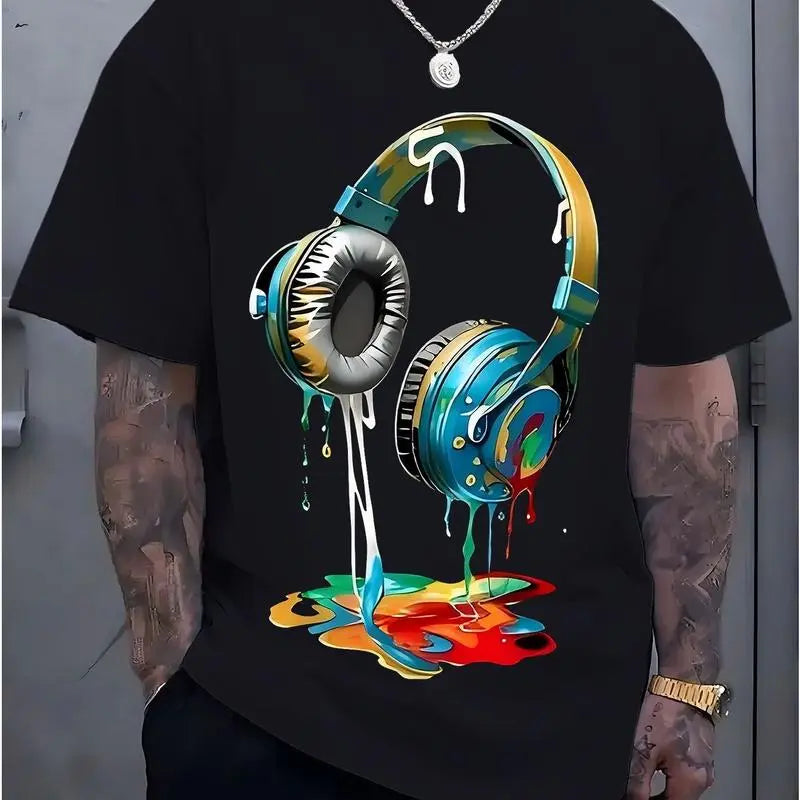 Men's Navy Blue Graphic Tee with Vibrant Headphone Print - 180g Thick Cotton, Casual & Trendy, Short Sleeve Crew Neck T-Shirt, Machine Washable for Summer Fashion, Street Fashion Tee| Graphic Print Shirt| Durable Casualwear