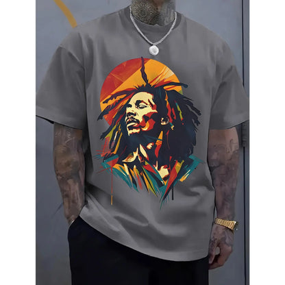 Men's Reggae Music Themed T-Shirt with Dreadlock Character Print - Breathable Fabric, Casual Short Sleeve Round Neck Top Suitable for Summer, Concerts & Festival Wear