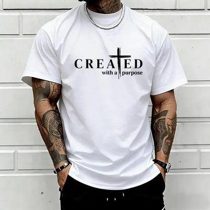 Men’s “Created with a Purpose” Christian graphic T-shirt, cross faith quote print tee, casual crew neck, perfect for church outfits, faith wear, and streetwear.,summerwins,father'sdaygifts