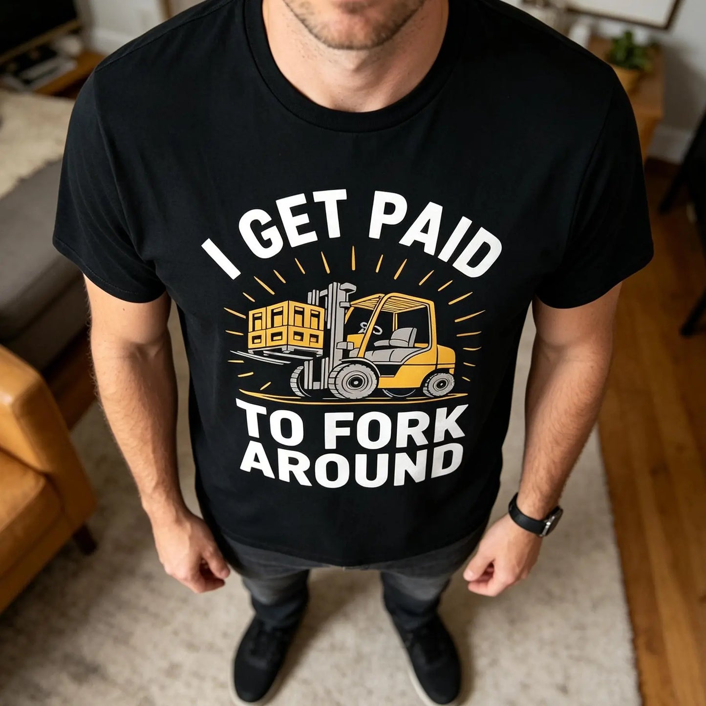 Unisex Heavy Industry Graphic T-Shirt - Forklift Truck Driver "I Get Paid to Fork Around" Print, Black with Yellow Forklift Design, Soft Breathable Cotton, Men's Industrial Workwear Tee for Warehouse, Construction