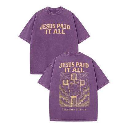 Retro Washed T-Shirt Double Sided Printed 230 Pure Cotton 'JESUS PAID IT ALL' Letter & Cross Pattern Christian Gift Men's Casual Comfortable Fashionable Street Style Cotton Short Sleeve washed pure cotton
