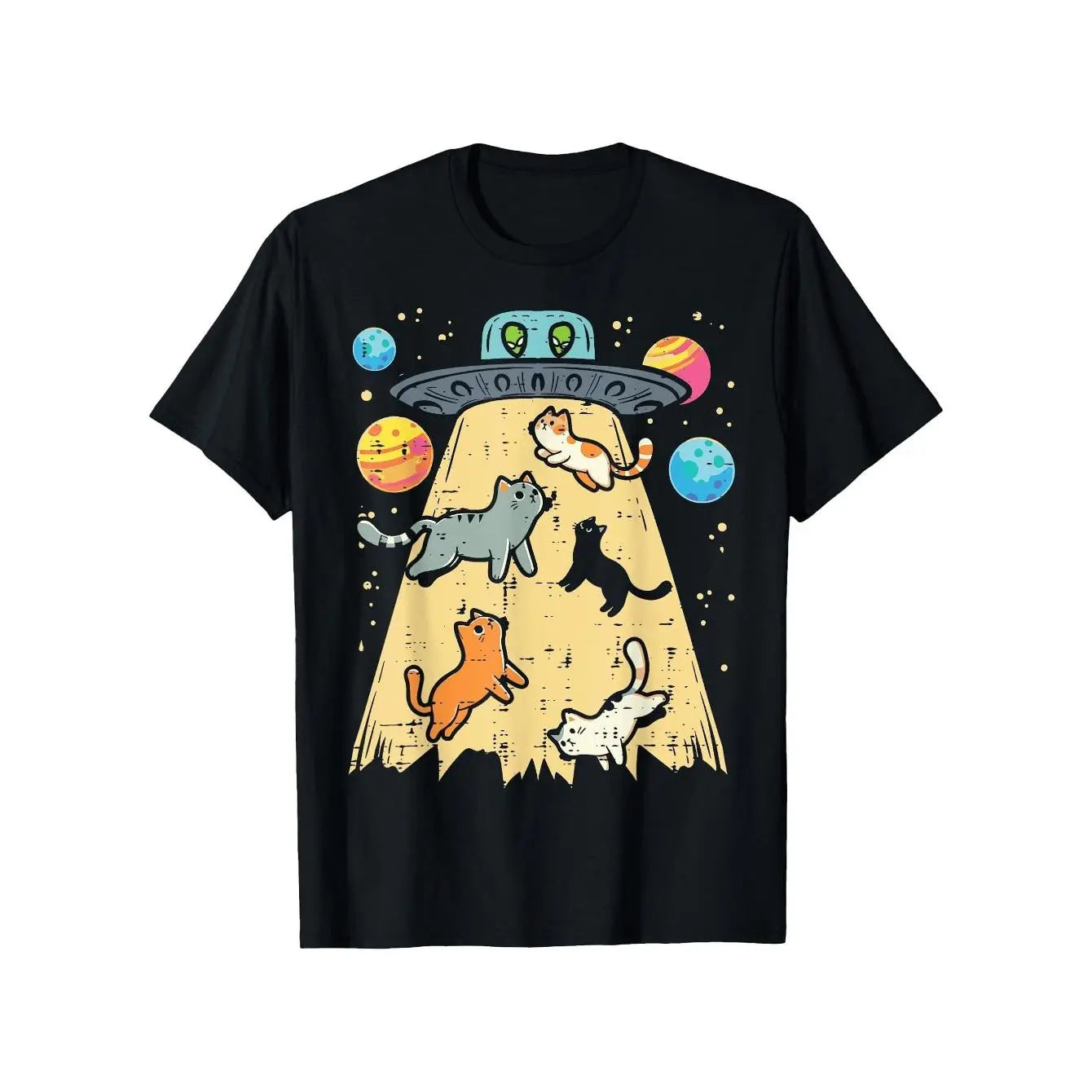 Alien Catch Cat UFO Space Galaxy Graphic T-Shirt - 100%25 Cotton Crew Neck Short Sleeve Tee for Men & Women, Casual Outdoor & Daily Wear, Fun Gift for Mom Dad Friends, Allseason Apparel, Playful Design, Machine Washable, Durable Print