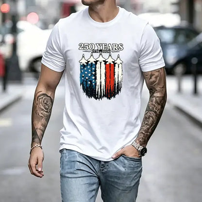 Men’s “250 Years 1776–2026” American flag jet print T-shirt, patriotic USA flag tee, casual crew neck short sleeve, perfect for Independence Day, veterans, and everyday wear.