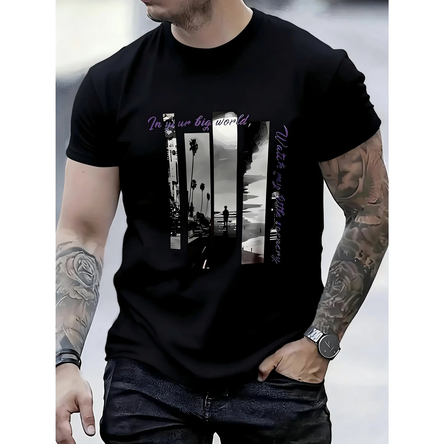 Men'S Stylish Graphic T-Shirt - , Short Sleeve Crew Neck, Comfort Fit for All Seasons, Casual Streetwear with Palm Tree & "In Your Big World" Design, Everyday Tshirt |         Bold Graphic Tee |         Smooth Texture Fabric graphic tee