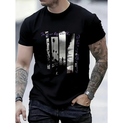 Men'S Stylish Graphic T-Shirt - , Short Sleeve Crew Neck, Comfort Fit for All Seasons, Casual Streetwear with Palm Tree & "In Your Big World" Design, Everyday Tshirt |         Bold Graphic Tee |         Smooth Texture Fabric graphic tee