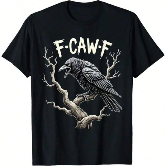 Men's Graphic T-Shirt, Gothic "F-Caw-F" Raven Print, Vintage Cotton Short Sleeve Round Neck Streetwear, Tshirt