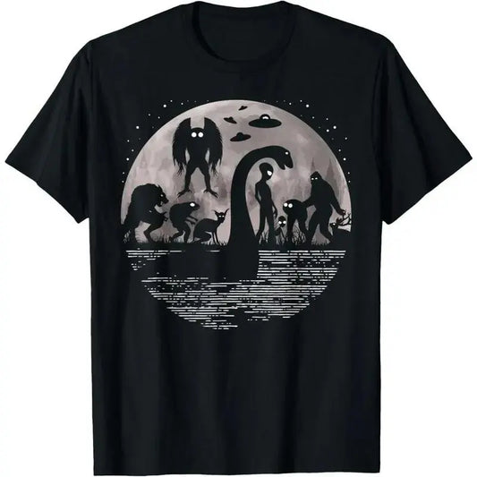 100%25 Cotton Bigfoot Loch Ness Monster Mothman And Aliens! Funny Cryptid T-Shirt Menswear Top Distressed Graphic garments
