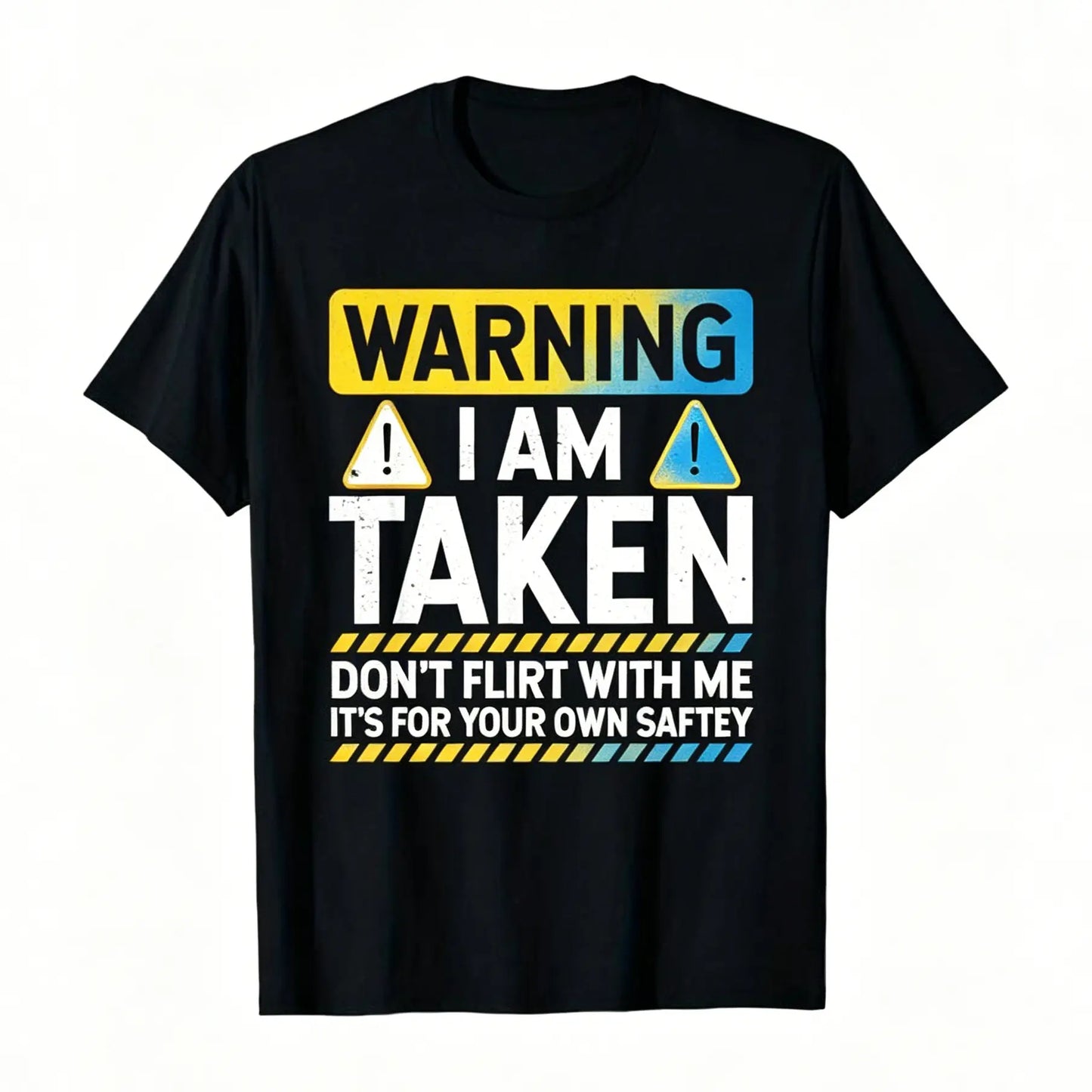 Men's Short-Sleeve Round Neck Funny Taken Husband Warning T-Shirt - Menswear - Don't Flirt with Me Graphic - Black with Red/White Caution Signs - Married Status Apparel - Regular Fit Casual - Machine Washable All-Season Top Tshirt