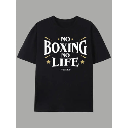 Men's Casual Short Sleeve T-Shirt with "NO BOXING NO LIFE" Graphic Print, Light Grey Regular Fit Round Neck Tee for Summer & Spring Outdoor Activities, Casual Wear, Urban Fashion, Easy Care, Printed Shirt, Streetwear Lovers, Spring Clothing, Streetwear St